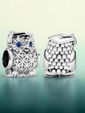 PANDORA Sterling Silver Graduation Owl Charm With Swiss Blue Crystals & CZ